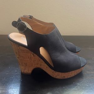 Franco Sarto peeptoe slingback suede wedges ankle strap & cork heels. Never worn